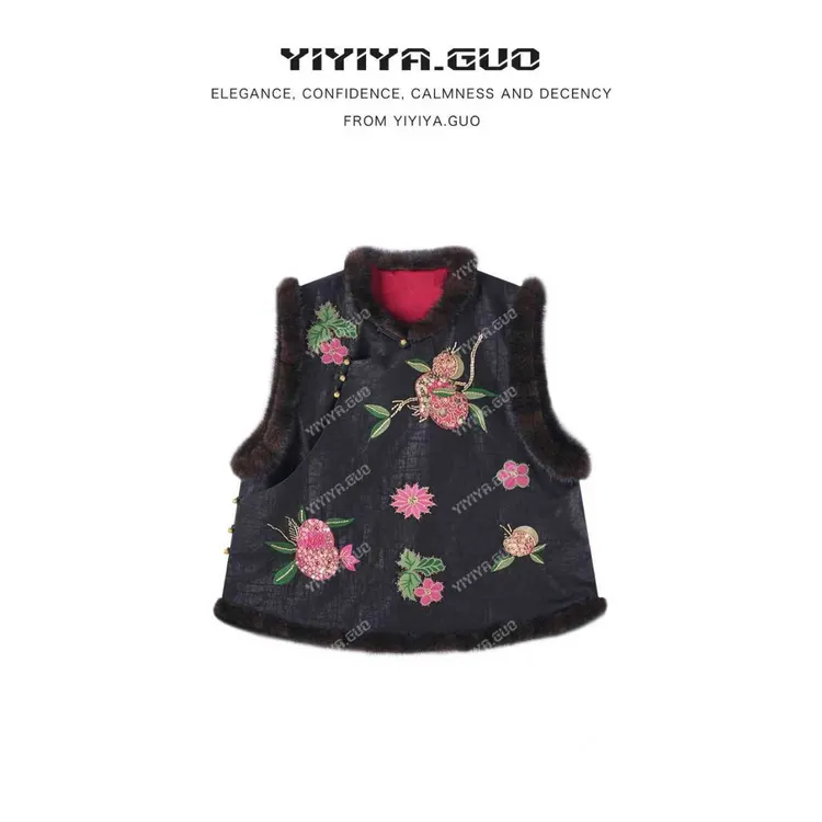 yiyiya.Guo艺艺吖【喜上鹊枝】新款立领斜襟刺绣无袖马甲010083SS52