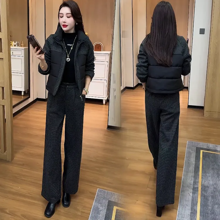 时尚套装女2025冬季新款洋气毛呢拼接棉服外套阔腿裤两件套潮