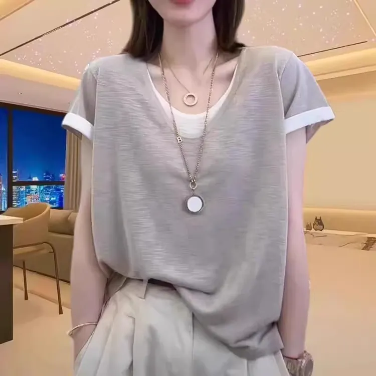 透气拼色假两件短袖t恤2025夏新款胖mm大码女装时尚百搭宽松上衣