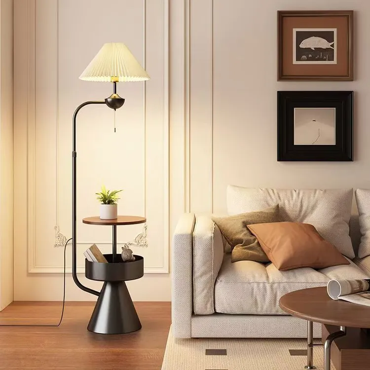 百褶落地灯中古卧室床头置物架一体灯复古美式客厅沙发边立式台灯