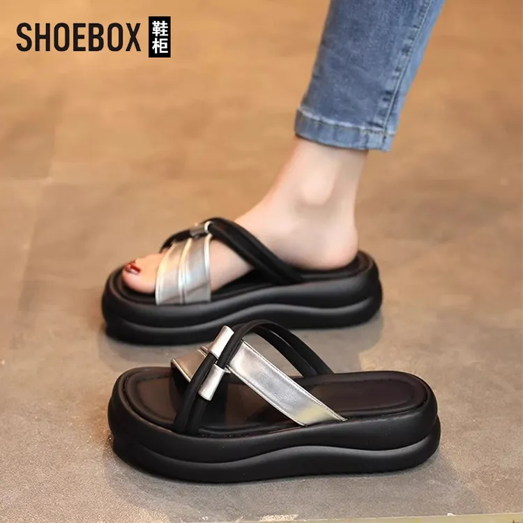 SHOEBOX鞋柜银色厚底凉拖鞋女2025新款夏外穿配裙子一字拖鞋