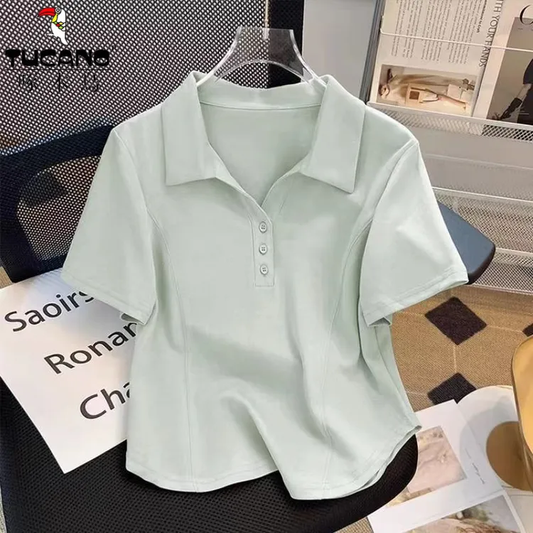 啄木鸟正品撤柜2025夏装大码200斤夏polo领弧形下摆短袖休闲宽松