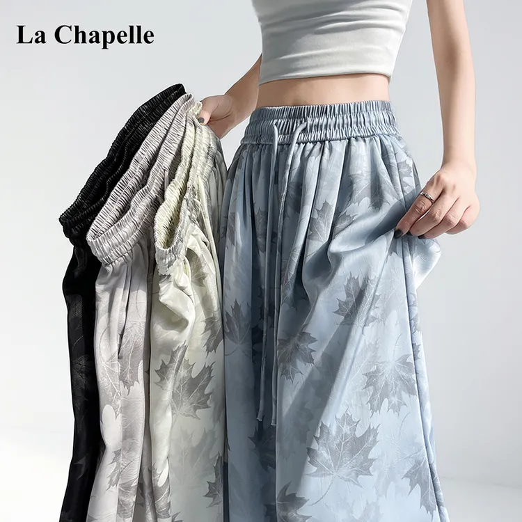 拉夏贝尔水墨画缎面扎染冰丝阔腿裤女夏季高腰显瘦宽松垂感拖地裤