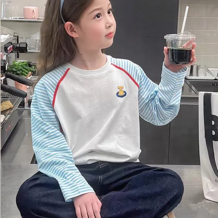 2025春秋新款儿童条纹插肩袖撞色上衣女童时尚长袖t恤大童打底衫