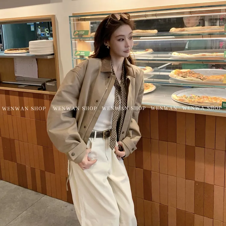 双十一狂欢价！【Ace品味加持】拼皮翻领卡其色夹克短款百搭棉服