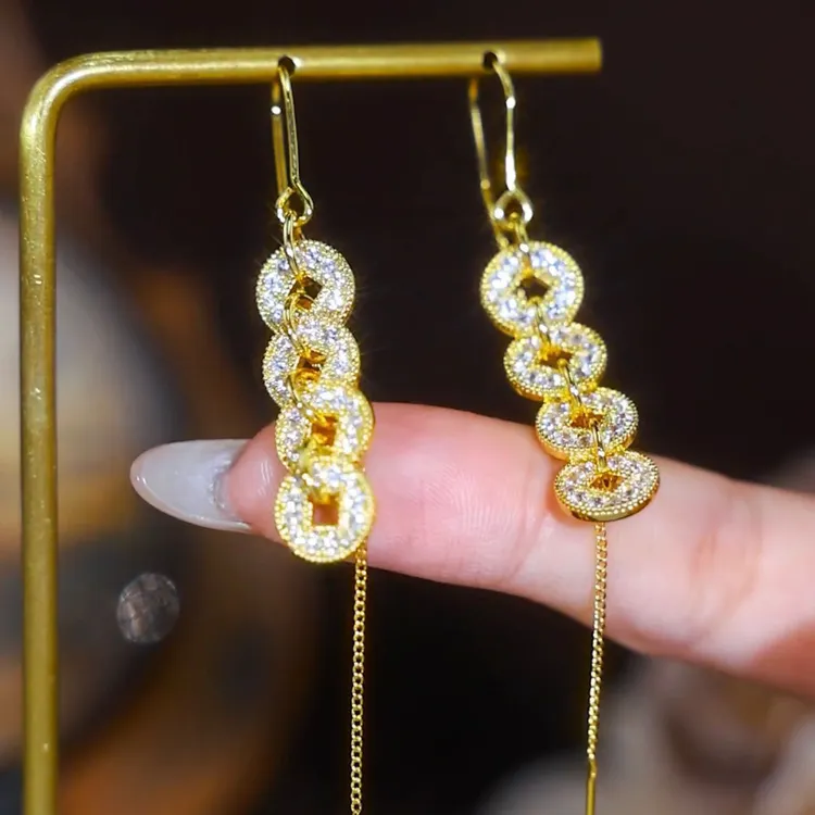 铜合金合成锆石耳饰 2025春夏新款中国风复古五帝钱耳线长款