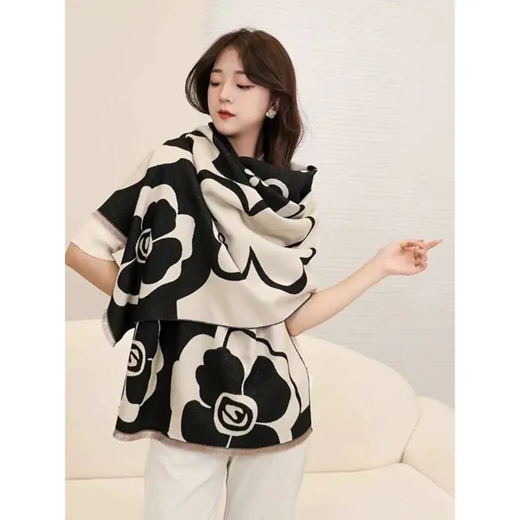 内蒙古厂家直邮黑白经典披肩围巾两用秋冬保暖羊绒双面长款