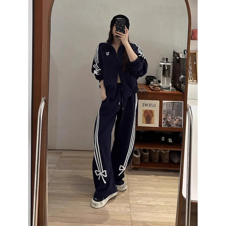 韩版休闲运动套装女秋冬季宽松高级感蝴蝶结卫衣外套阔腿裤两件套