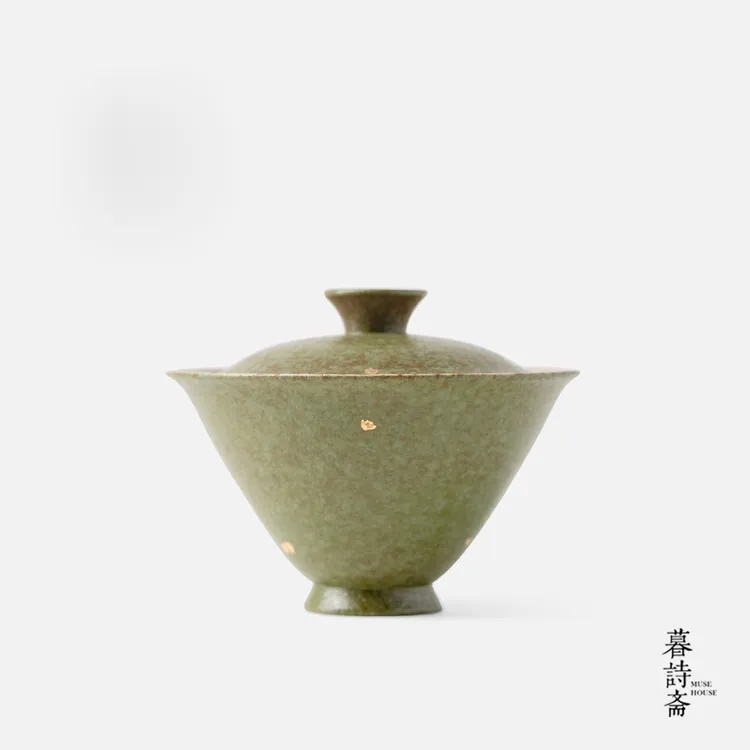 暮诗斋橘绿洒金斗笠盖碗泡茶碗茶杯传统中国色釉下手绘竹子盖碗