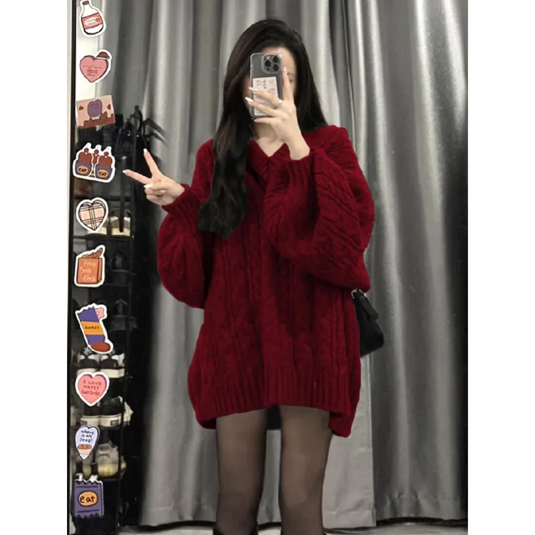 大码胖MM覆古V领酒红色麻花毛衣女秋冬慵懒软糯宽松百搭针织上衣