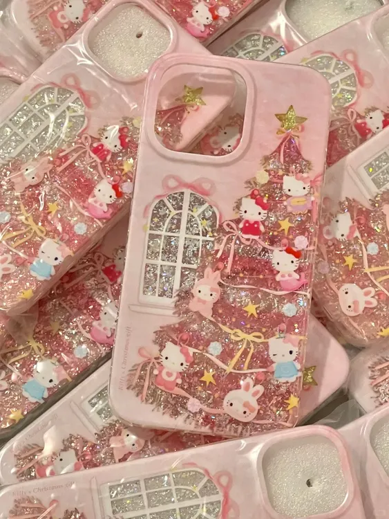 闪粉圣诞小kitty适用苹果17Promax手机壳16pro创意15新款14少女13