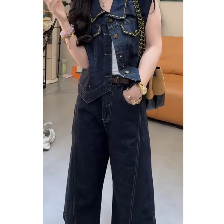 2025夏季新款高腰显瘦大码复古水洗明线牛仔套装