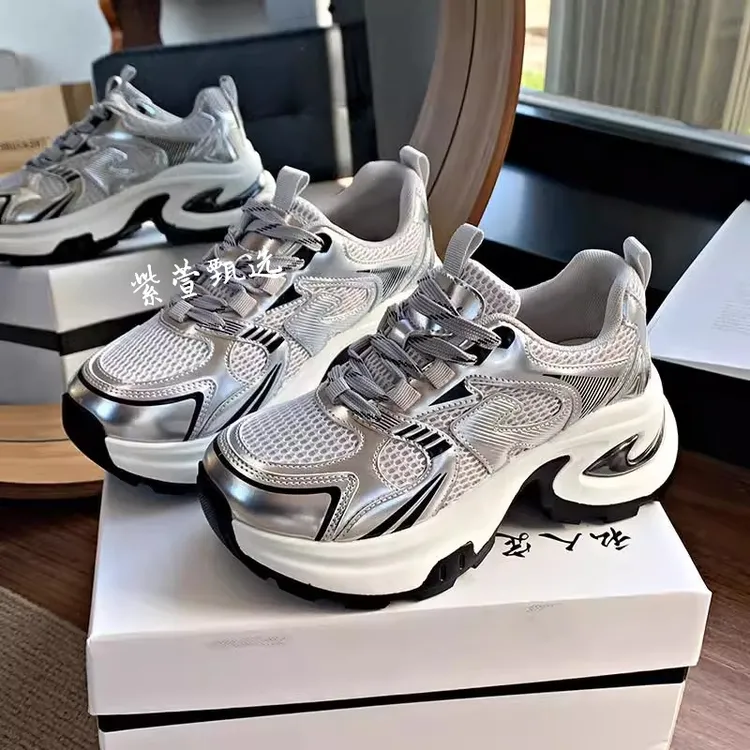 爆款百搭厚底老爹鞋女小个子增高2025超火新款春夏银色休闲运动鞋