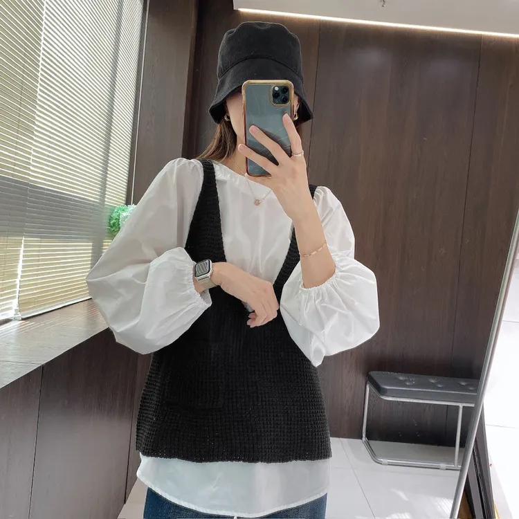 IMFLY金小金自制女装 套装DYW9696早秋韩系衬衣+针织马甲两件套