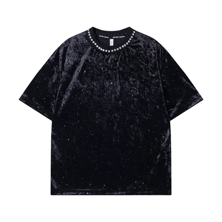 夏季新款时尚个性波光粼粼彩色细闪亮片镶钻丝绒轻奢垂坠感上衣