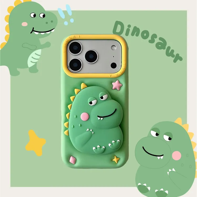 苹果|搞怪偷笑表情恐龙支架适用iPhone17可爱ins创意绿硅胶手机壳