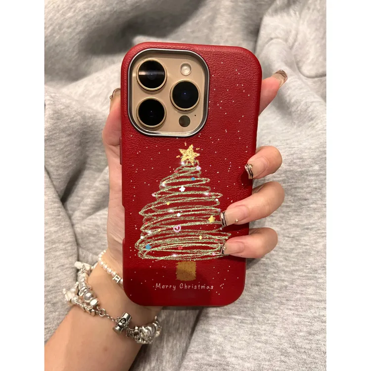 欧克里里满天星圣诞树适用苹果17/16金属框皮纹手机壳15/14/13/12