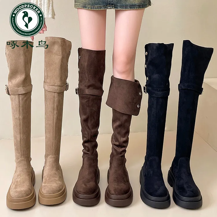 啄木鸟两穿翻折厚底长筒靴子女2025秋冬季新款粗跟过膝增高骑士靴