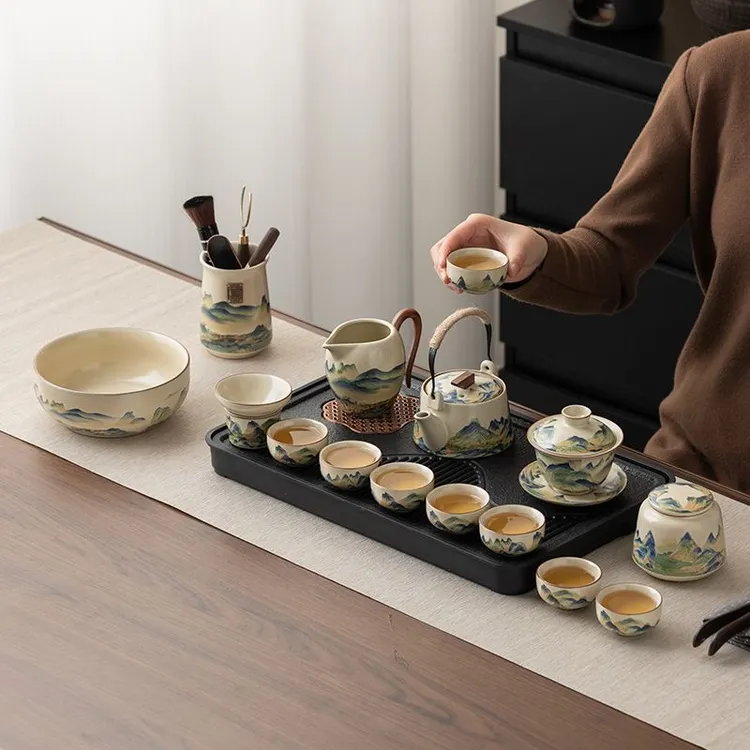 家用高颜值汝窑功夫茶具套装伴手新款茶杯茶盘轻奢送礼喝茶壶