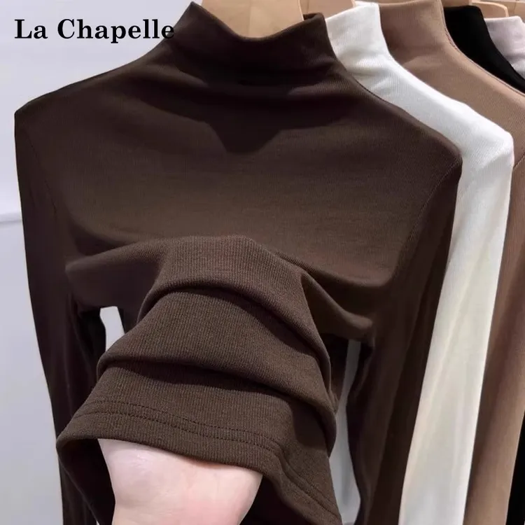 拉夏贝尔 半高领德绒打底衫女秋冬加绒螺纹长袖T恤小香风内搭上衣