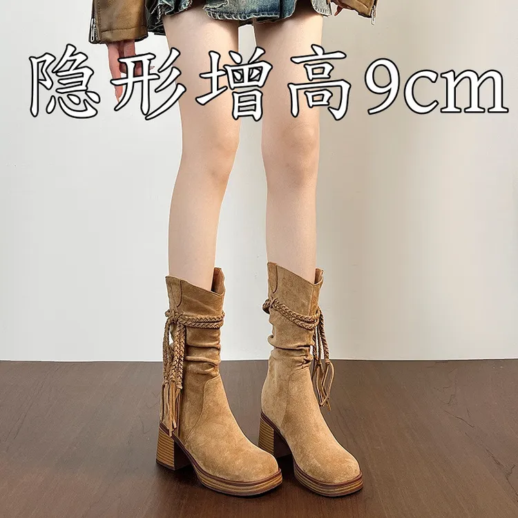 内增高小个子小众废士复古风高跟靴子女款流苏麻绳粗跟美拉德中筒