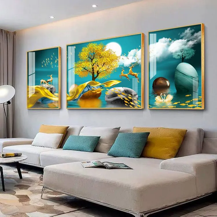 现代简约客厅装饰画沙发背景墙壁画轻奢北欧风三联挂画镶钻晶瓷画
