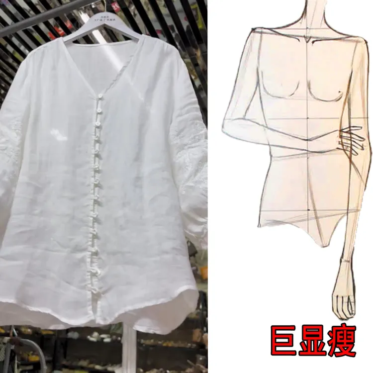 2025夏季薄款大码女装宽松圆领前扣设计中袖显瘦刺绣束口边衬衫