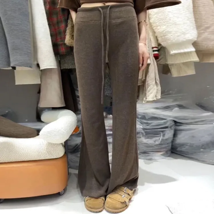 超模高腰加绒微喇裤女秋冬垂感修身慵懒风抽绳百搭休闲拖地长裤子