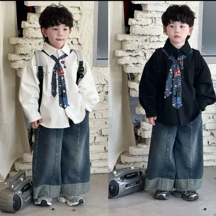 儿童加绒加厚印花领带衬衫牛仔裤直筒裤套装2025新款衬衫两件套潮