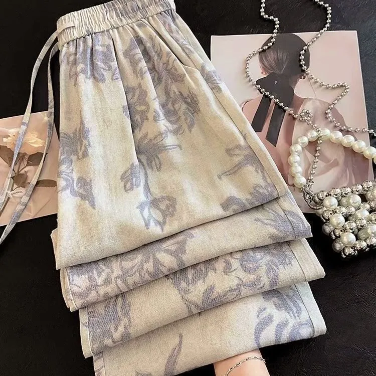 大码胖m300斤复古印花阔腿裤女夏季慵懒风高腰宽松垂感休闲直筒裤