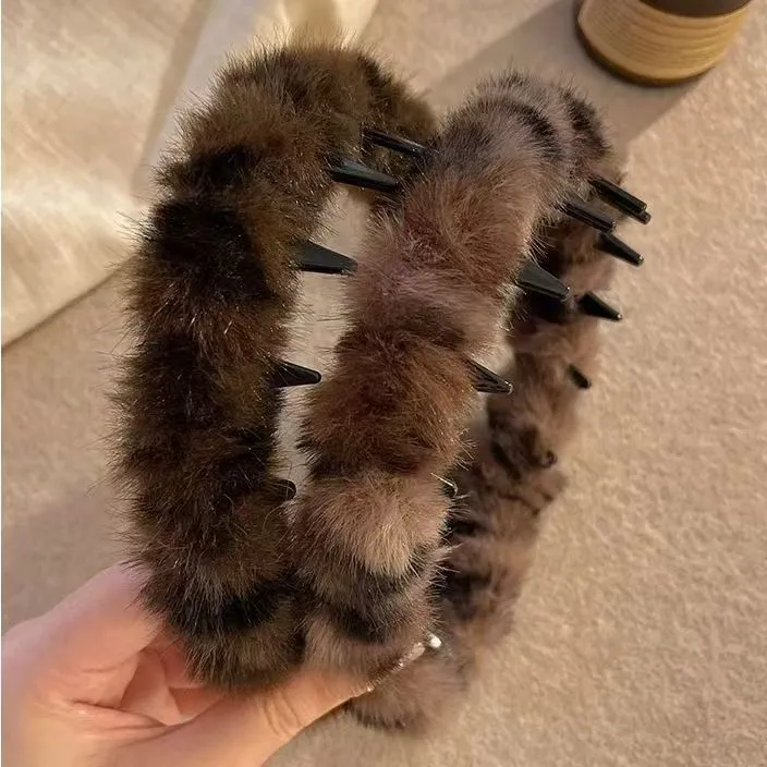 韩系复古豹纹带齿毛绒高颅顶发箍女防滑洗脸发卡头箍新款秋冬发卡