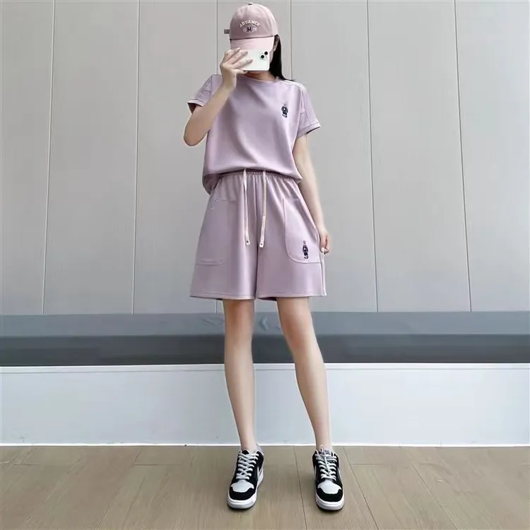 夏季韩版宽松小熊刺绣短袖与短裤套装女