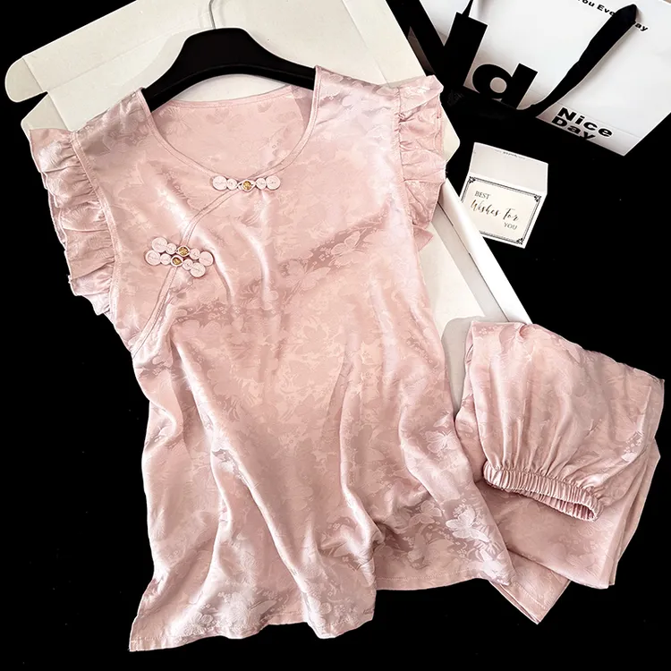 国风新中式睡衣女冰丝夏季薄款荷叶边复古汉服无袖背心家居服外穿