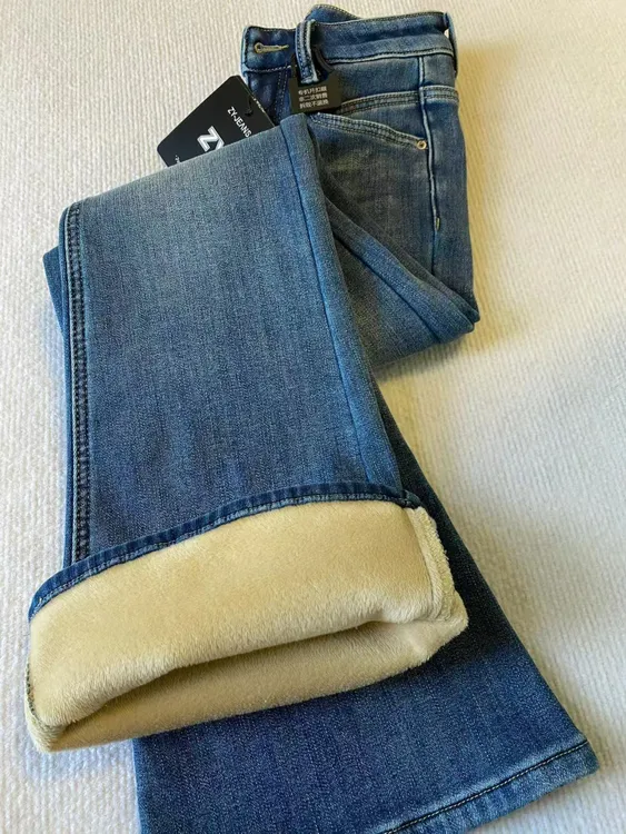 复古蓝加绒加厚直筒牛仔裤女冬季大码胖mm高腰弹力小个子微喇长裤