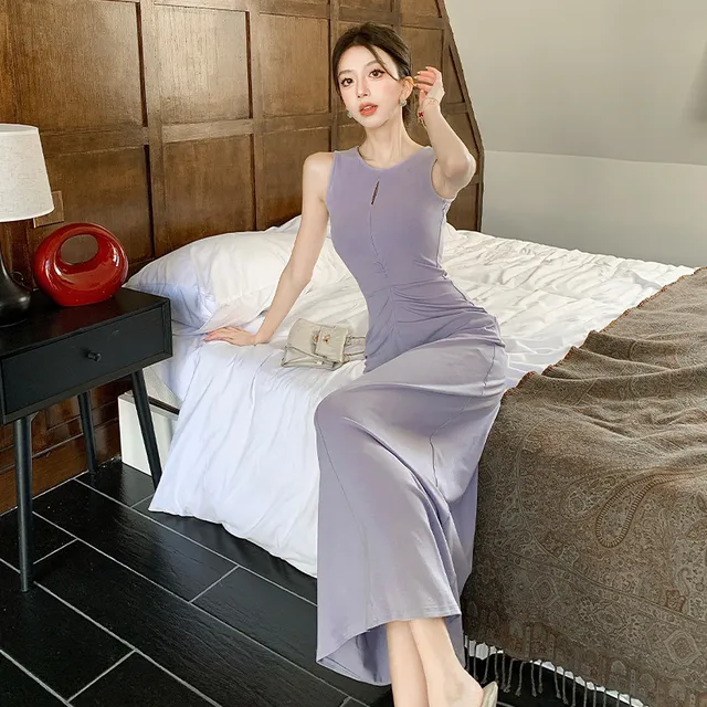 高级感名媛性感显瘦紧身包臀中长裙春夏新款褶皱紫色背心连衣裙女