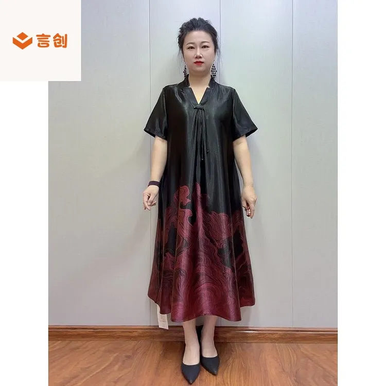 410V领短袖胖妈妈显瘦真丝连衣裙夏200斤宽松大码定位花坠感长裙