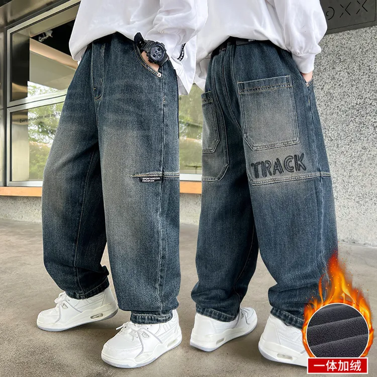 男童一体加绒加厚牛仔裤秋冬季中大童韩版帅气长裤儿童裤子男孩潮