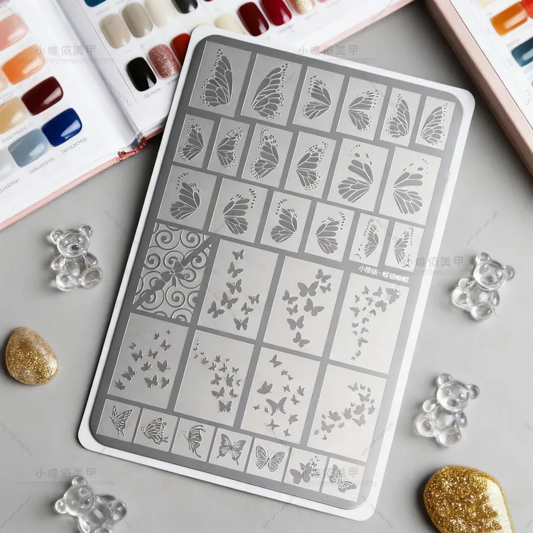 新款磨砂钢板螺钿蝴蝶图案精细唯美模具印花油转印工具美甲