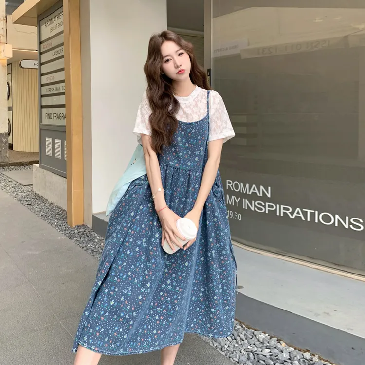 复古氛围感套装裙女2025夏季新款甜美减龄蕾丝绣花内搭牛仔吊带裙