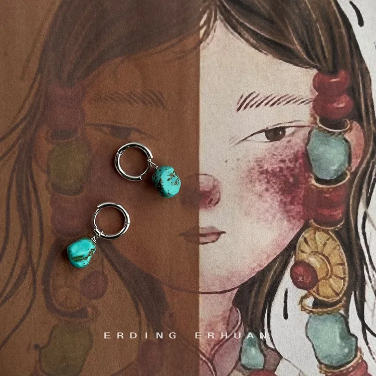 合金耳饰 民族风手作绿石文艺复古不规则异形耳饰百搭手工耳环