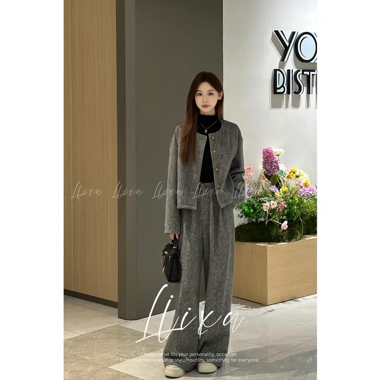 Liixu2025秋新款小香风毛呢外套阔腿裤时尚套装两件套L48TZ002
