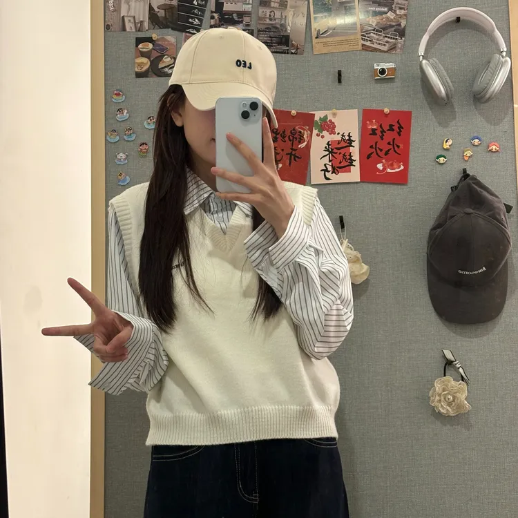 【一楽粉丝专属】假两件拼接针织长袖衬衫女2025年春秋款学院风时尚