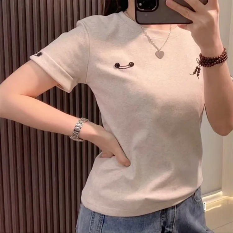 【扣子笑脸】短袖t恤女夏季正肩圆领半袖韩版简约设计感小众上衣ins