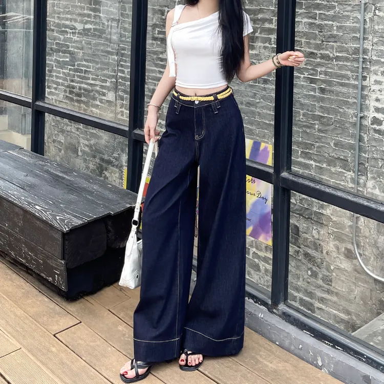 复古丹宁蓝宽松阔腿牛仔裤女2025秋季新款高腰显瘦垂感喇叭裤百搭