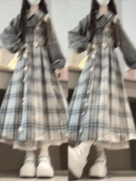 2025秋冬新款法式温柔风灰色罩衫搭配格纹长袖连衣裙减龄两件套女