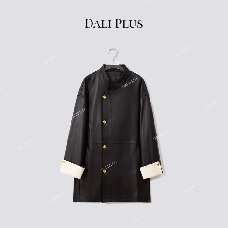 DALI PLUS“夜姿”100绵羊皮撞色皮衣立领真皮侧排扣外套-D5SZ8138