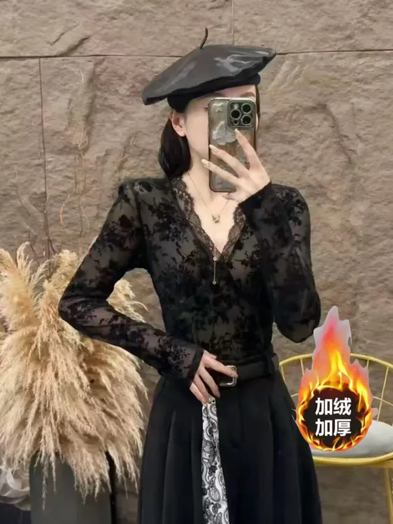 秋冬新款轻熟风性感蕾丝加绒长袖修身型打底衫洋气时尚百搭上衣女