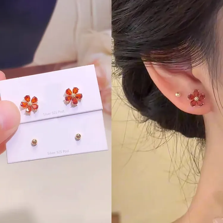 红色锆石花朵珠珠耳钉百搭四件套耳环小众设计感精致时尚气质耳饰商品图