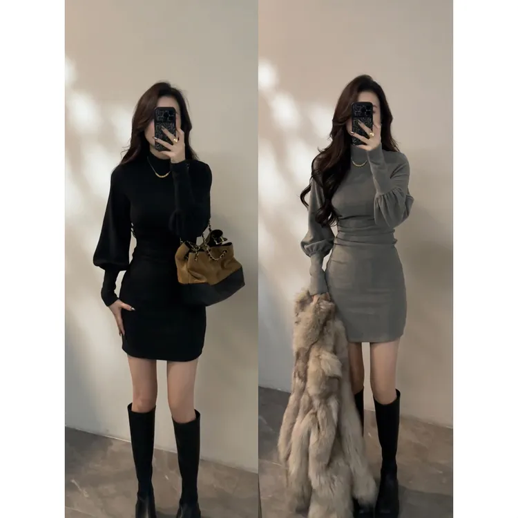 【大婷婷】复古冬季灯笼袖半高领连衣裙秋冬裙子晚宴场合女装DT1809