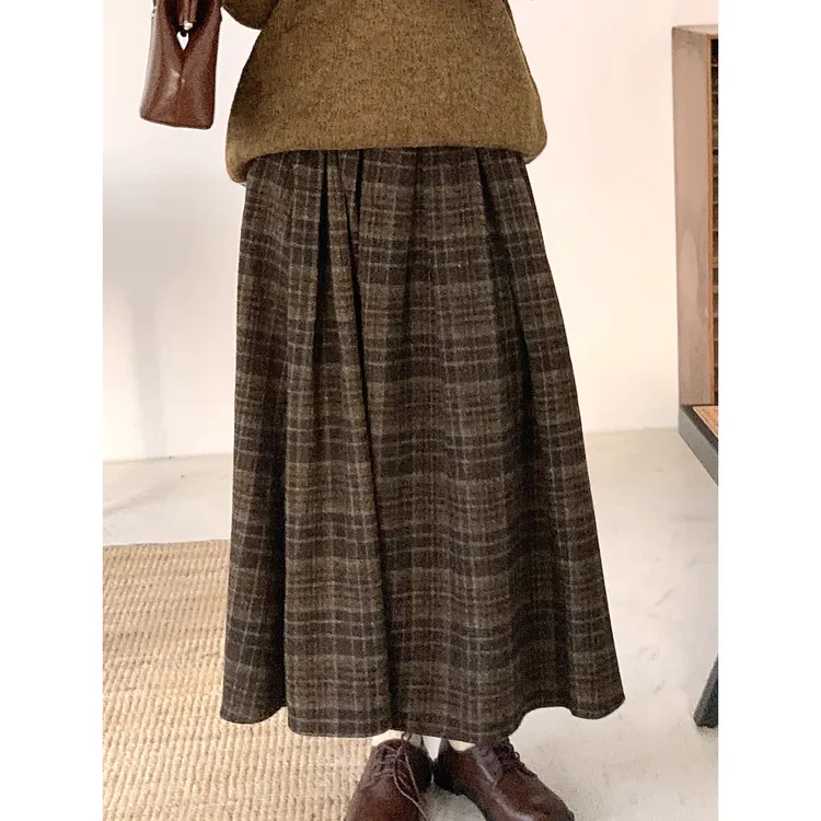 La Chapelle/拉夏贝尔格子秋冬松紧A字裙女新款毛呢百褶半身裙